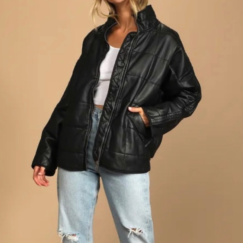 Free People Dolman Quilted Vegan Black Leather Bomber Jacket - Size Small